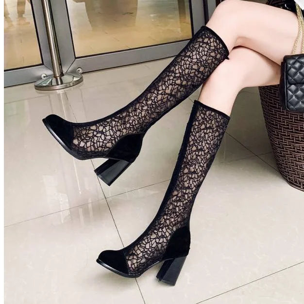 Spring and Autumn New Fashion Square Heel Mesh Hollow Women's Sweet Breathable Knee Long Sandals Boots High 7.5cm Size 33-43