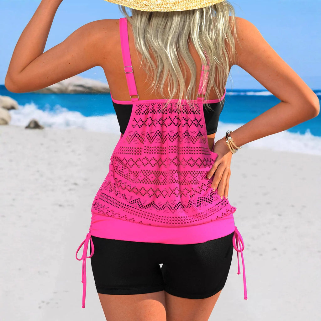 Hot Pink Patchwork Two Piece Swimsuit Women Drawstring Side Tank Top High Waist Short Tankini Beach Bathing Suit Swimwear 2026