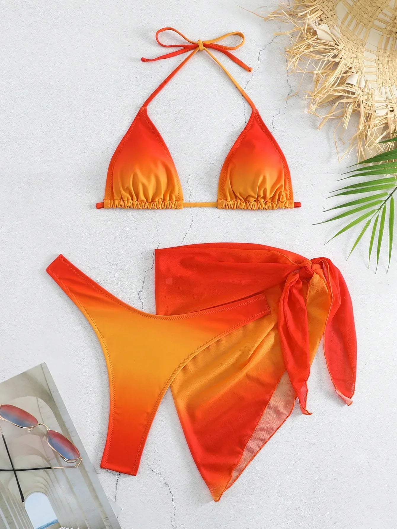 sexy tie dye print halter bikinis sets 3pcs with cover mesh skirt thong swimsuit bathing suit beach outfits biquini tankini