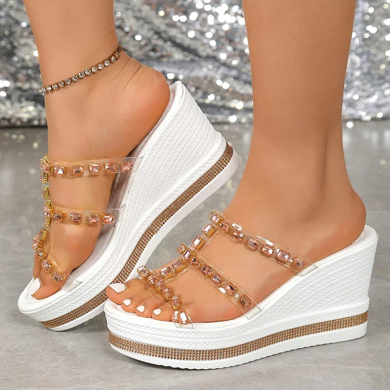 Luxury Rhinestone Chunky Platform Women Sandals 2025 Summer Crystal Wedges Slippers Woman Plus Size High Heels Sandals Female 43