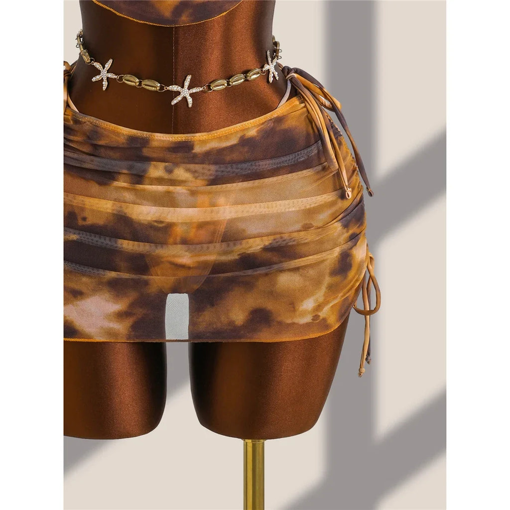 Four-pieces Bikini set Bather Bathing Suit Swim Tie Dye With Skirt Halter Cover Up Bikini Female Swimsuit Women Swimwear K8114