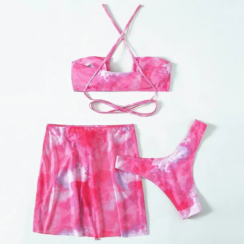 Wrap Around with Mesh Sarong Skirt Bikini Female Swimsuit Women Swimwear Three-pieces Bikini Set Beachwear Bathing Suit Swim