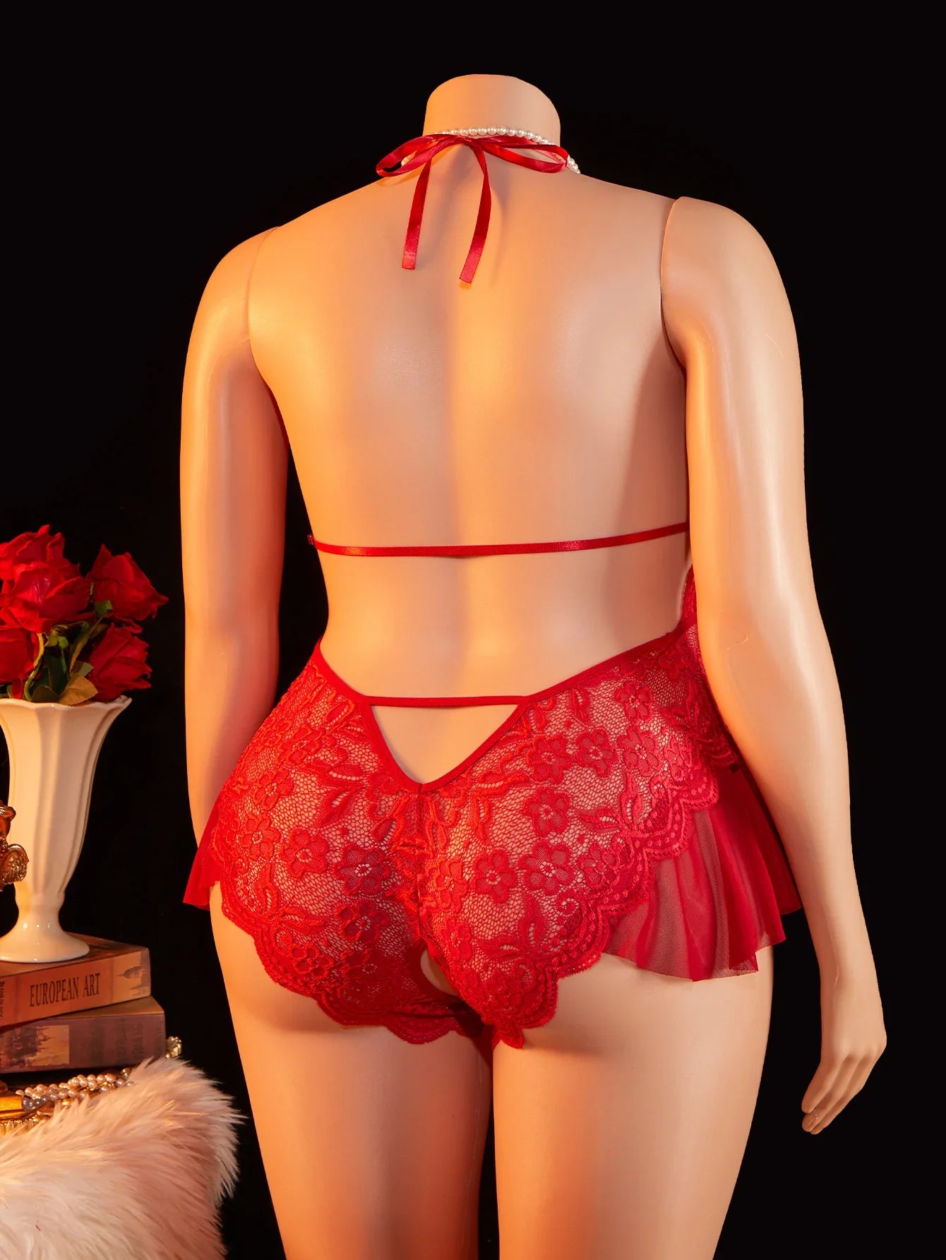 Adult Sexy Lace Teddy Bodysuit For Women Deep V Neck Open Back Halter Design Romantic Hot Women's Lingerie Babydoll Sleepwear