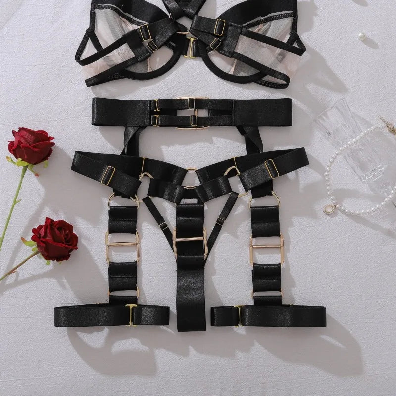 Toucheart Erotic Lingerie Stylish Metal Buckledecoration Personalized Bundled Steelring Push-up See-through Split Underwear Set