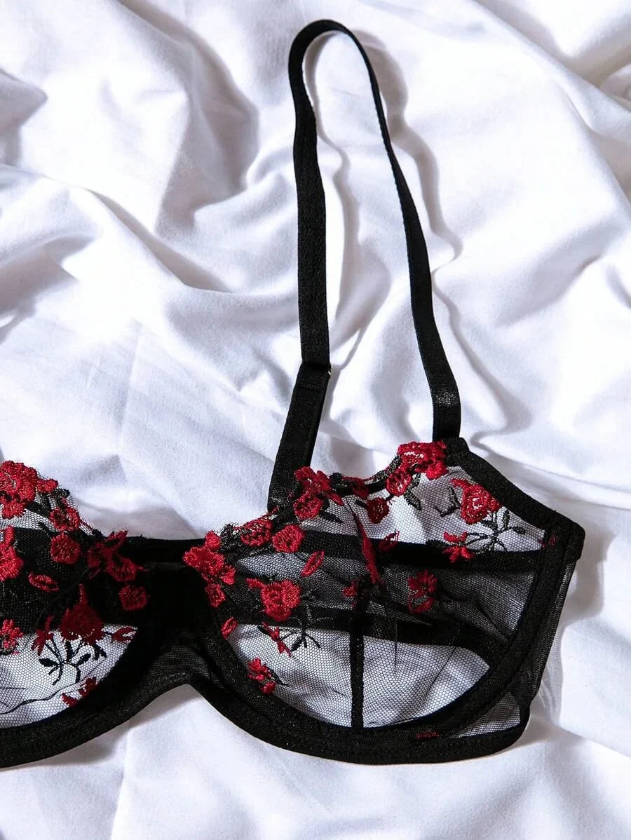 Fairy Bra Set Women Bralette 2-Piece Underwear Sets Floral Embroidery Steel Ring Bra And Panty Set