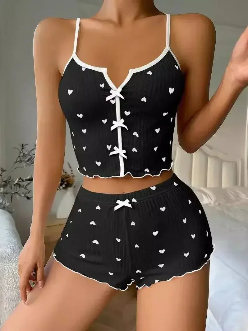 Heart Print Pajama Set for Women Sleepwear Soft Ribbed Fabric Casual Cami Tops and Shorts Pijamas Sets Loungewear