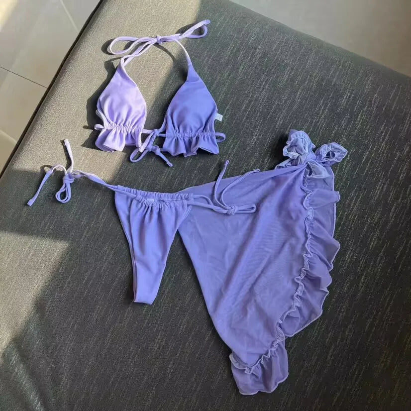 New With Sarong Halter Ruffled Bikini Women Swimwear Female Swimsuit Three-pieces Bikini Set Bather Bathing Suit Swim Lady V4144