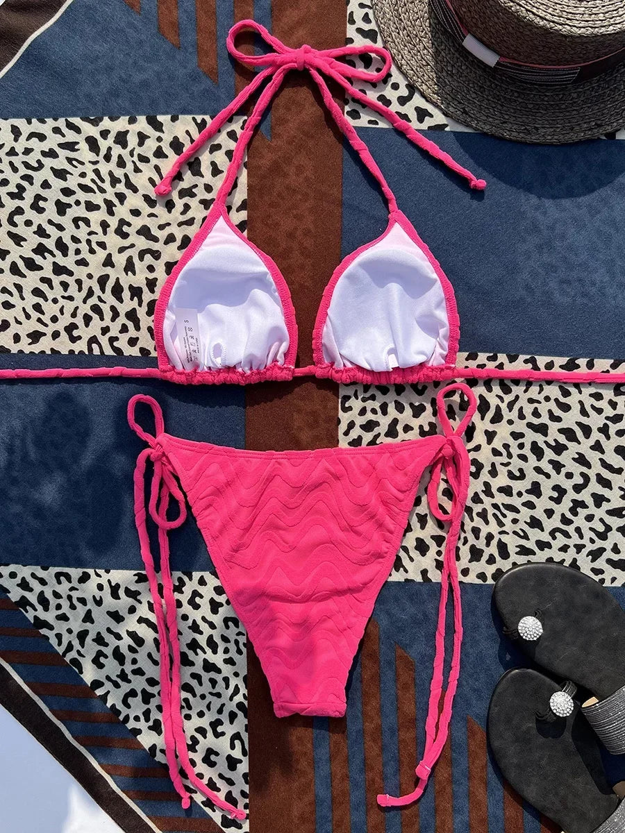 Sexy Wave Wrinkled Halter Brazilian Bikini Female Swimsuit Women Swimwear Two-pieces Bikini set Bather Bathing Suit Swim Lady