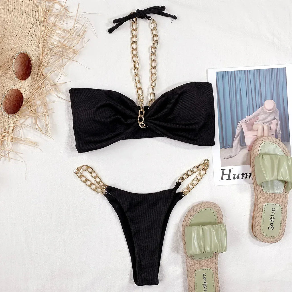 Bikini 2026 Sexy Black Chain Strap Halter Swimwear Swimsuit Women Bikinis Set Bathing Suit Beach Bikini Female Biquinis Feminino