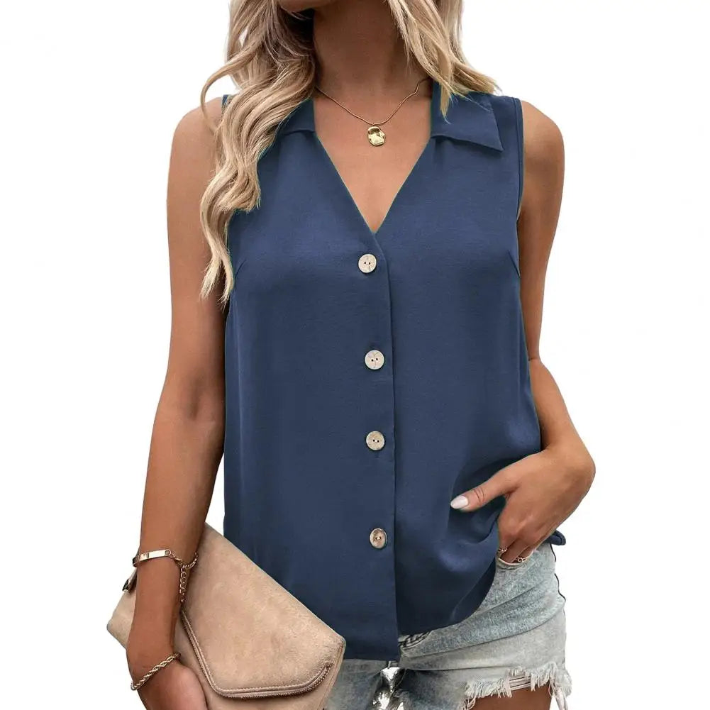 Summer T-Shirt Women Vest Casual Tank Top Oversize V-Neck Sleeveless Button Single-breasted Mid Length Women Shirts
