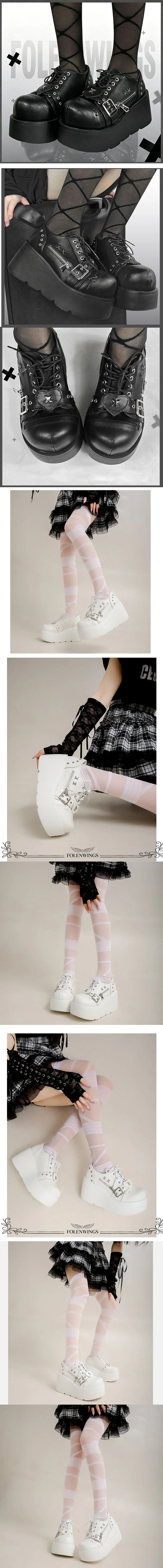 Size 42 Gothic Black Platform Creepers Shoes White Smooth Faux Leather Goth Creepers E-girl Chunky Lace Up Lolita Casual Shoes