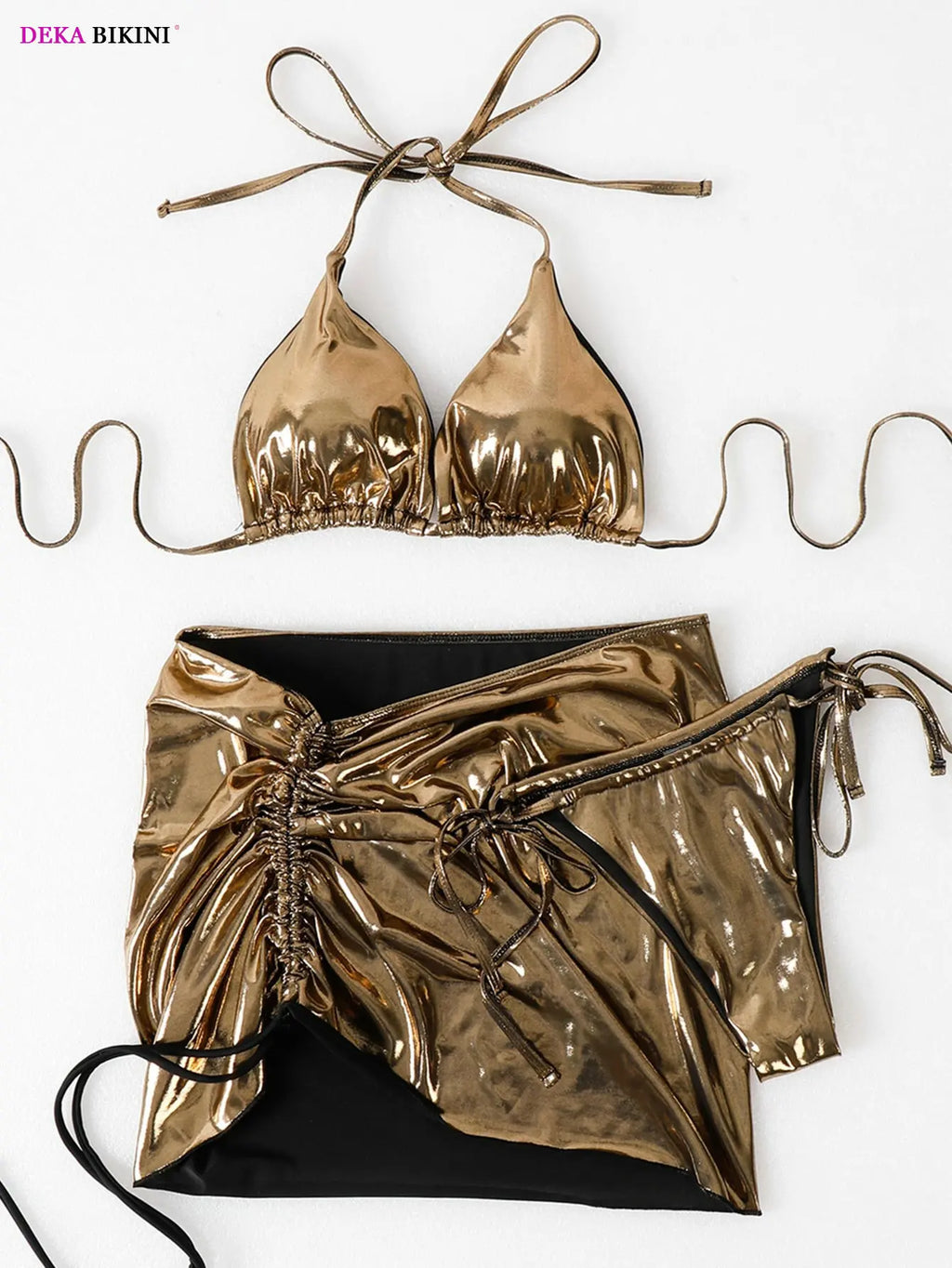 DEKA Gold Shiny Bikini Set Brazilian Summer Hot Suit Leather Swimsuit With Mini Ruched Skirt Swimwear 3 Pcs Beachwear Outfits
