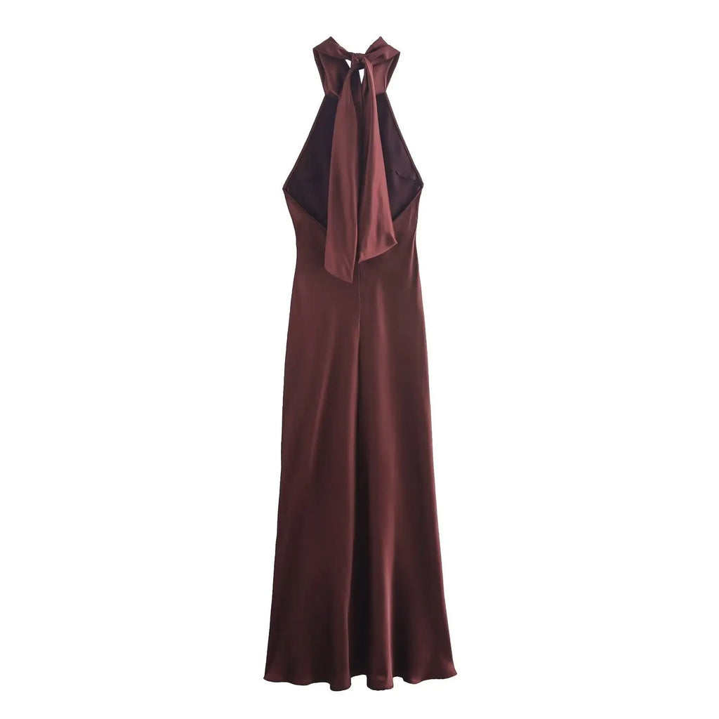 Elegant Solid Color Satin Halter Lace Up Long Dress Sexy Off Shoulder Backless Sleeveless Bodycon Dresses New Lady Party Robe