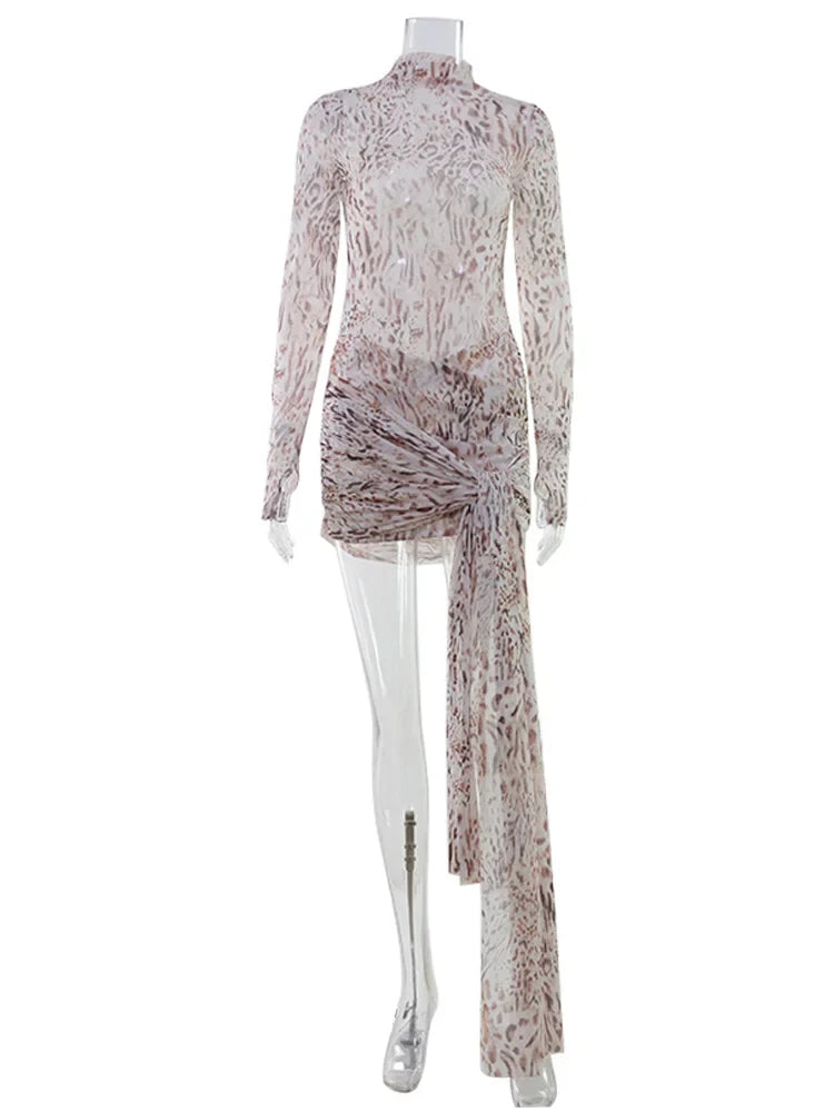 Ahagaga Sexy Sheer Women'Mini Dresses Turtleneck Print Regular Long Sleeves Ribbon Sheath Bodycon Casual Streetwear Female Robe