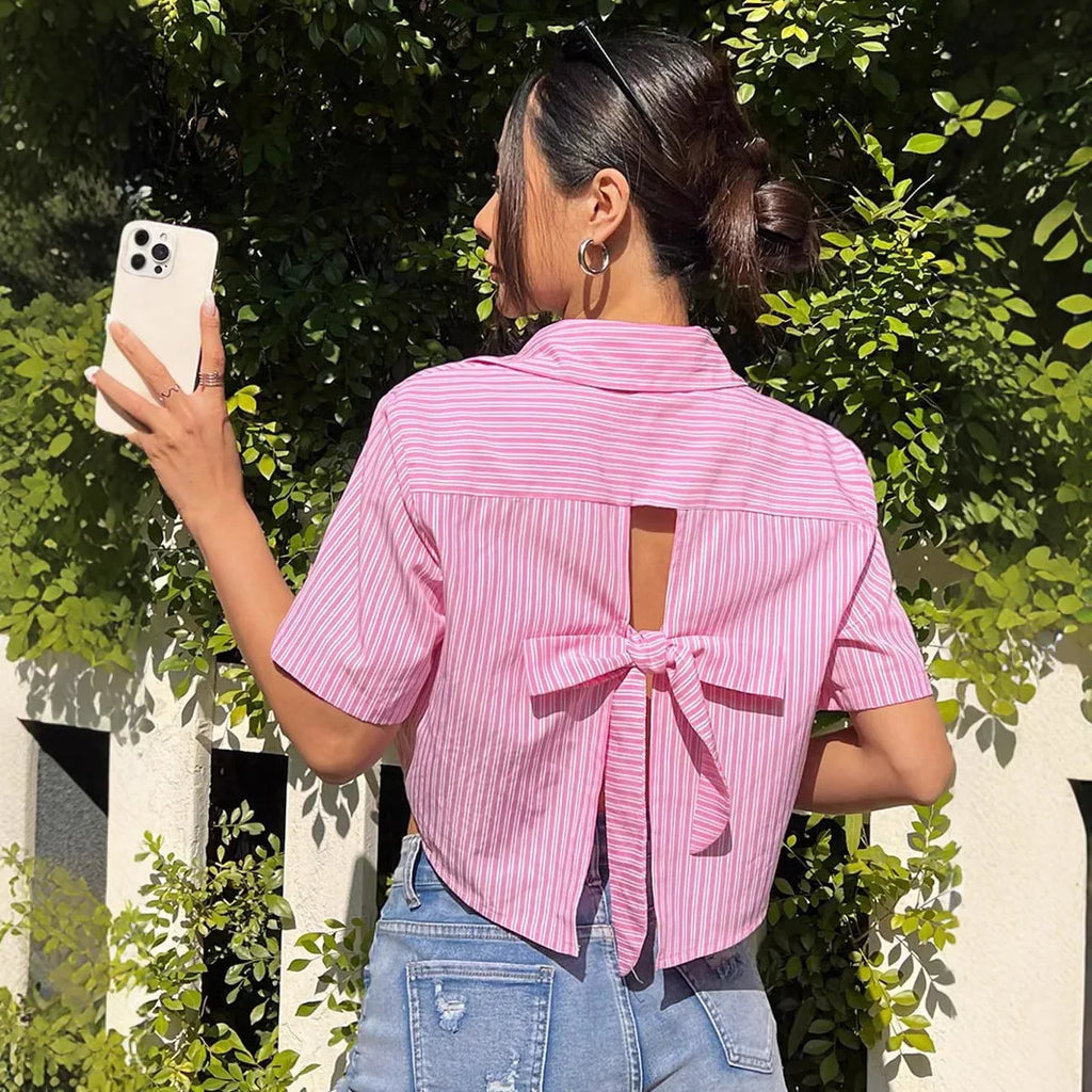 Y2K Style Pink Striped Crop Blouse for Women Short Sleeve Lapel Button-Up Women's Shirt Back Tie Top Lady Summer Casual Outfit