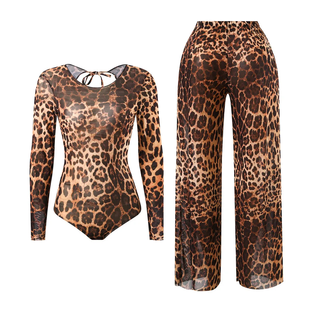 S - XXL 2026 With Pants Long Sleeve Leopard Women Swimwear One Piece Swimsuit Female High Leg Cut Bather Bathing Suit Swim V7349