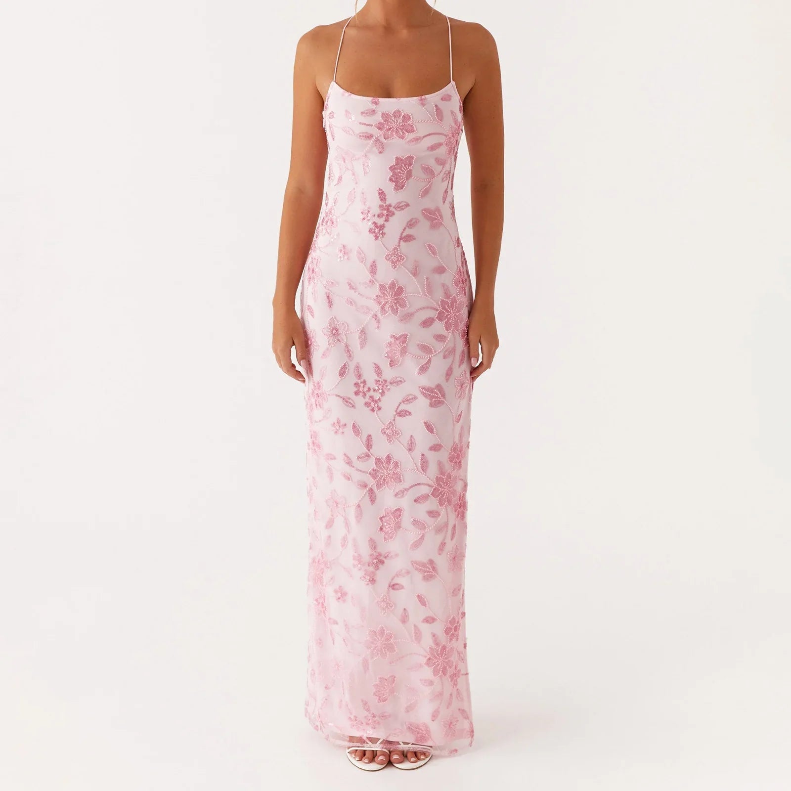 Women Summer Glitter Sequin Beaded Flower Cami Dress Slim High Split Spaghetti Strap Open Back Long Dresses for Party Club