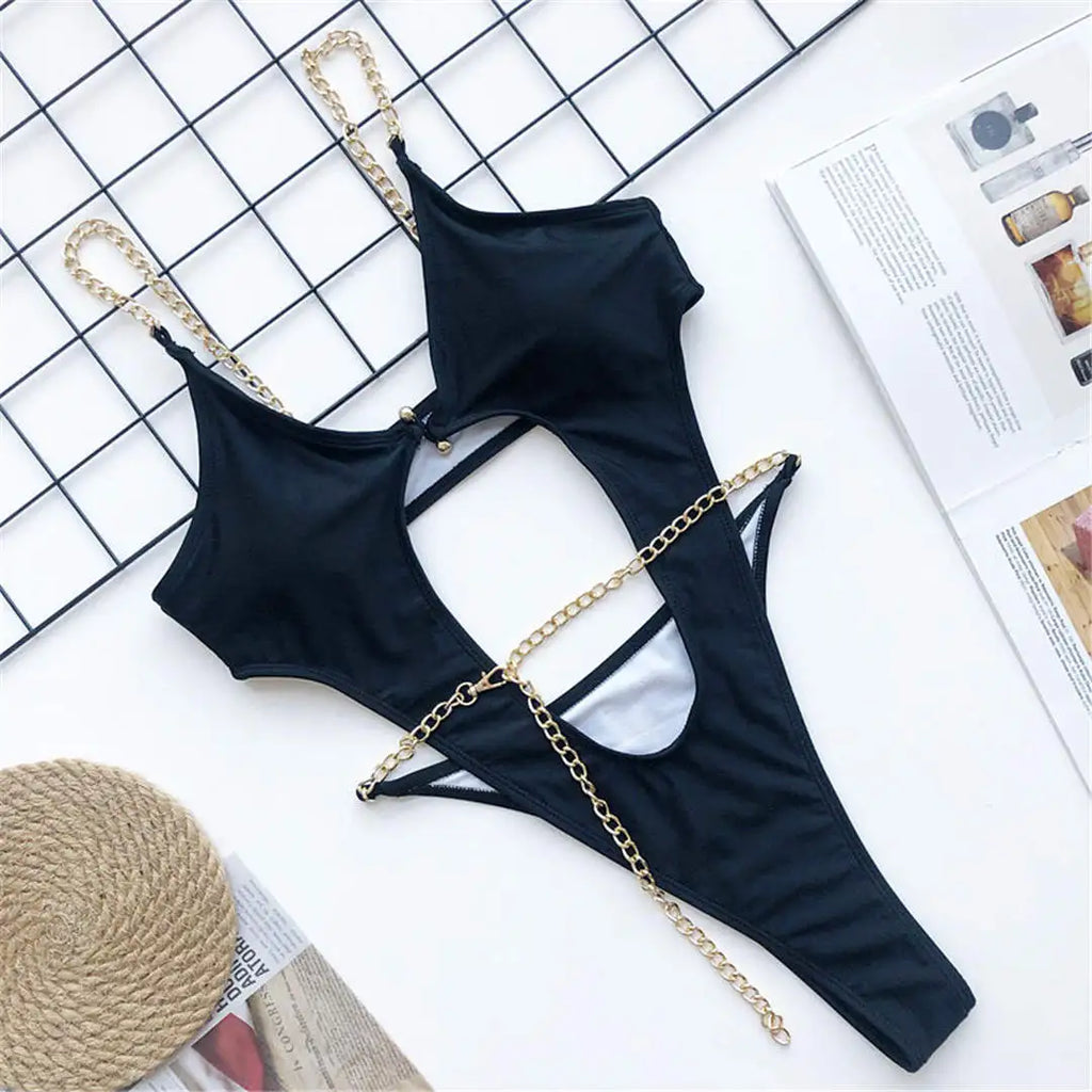 Sexy High Cut Golden Chain Bikini Women Swimwear Female Swimsuit Two-Pieces Bikini Set Underwired Bather Bathing Suit Swim V1646