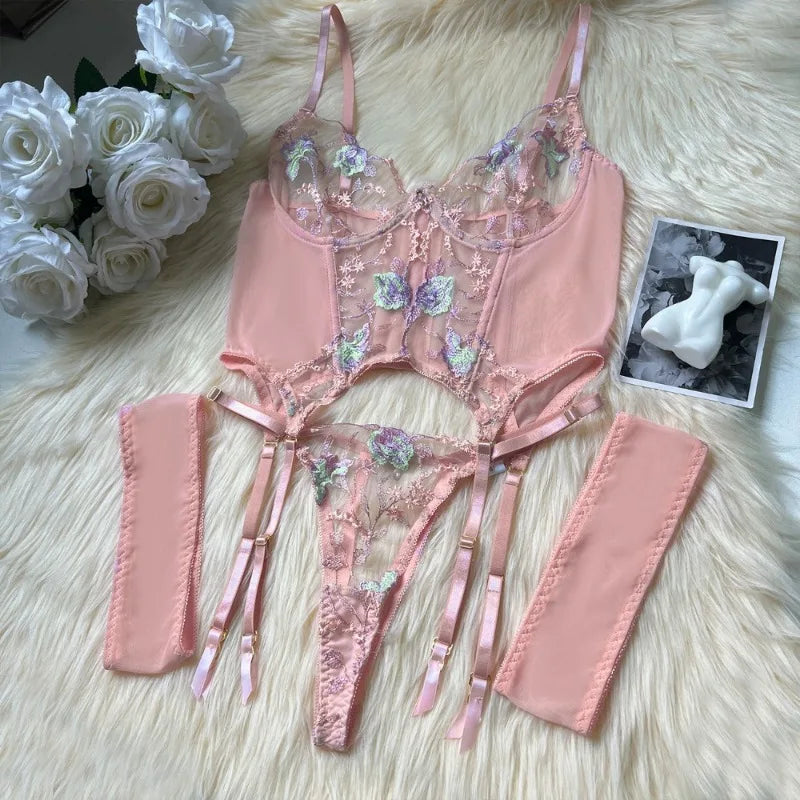 Toucheart Sexy Lingerie Embroidery Printing Bra Garters Set For Women Mesh See- Through Hollow Out Exotic Sexy Underwear Suit