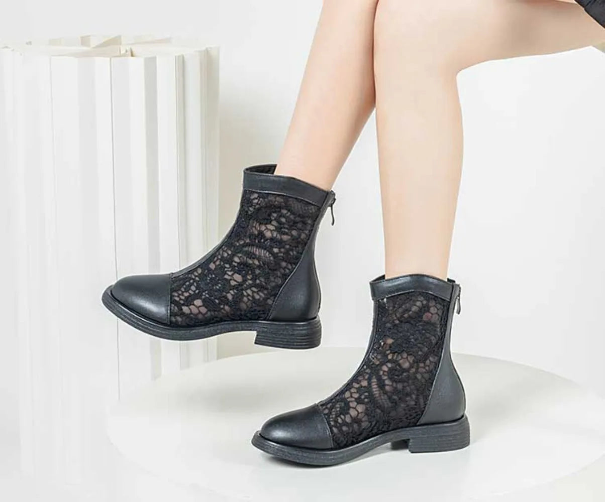 Women White Gladiator Ankle Boots Round Toe Square Heel  Breathable Mesh Large Size 34-45 Sweet Princess Cool Sandals Boots New