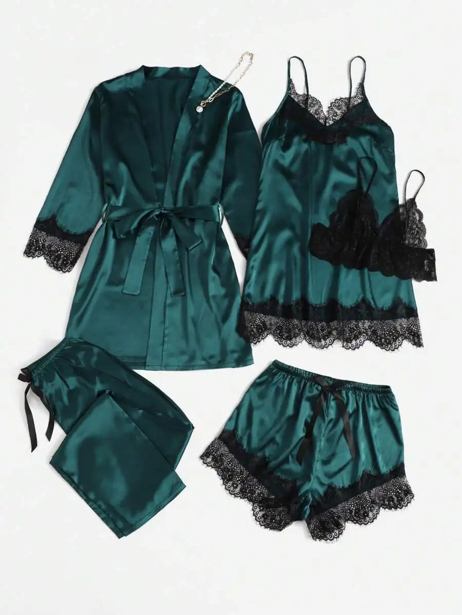 5 Pieces Women's Satin Sleepwear Pajama Set Robe Sexy Lingerie Bathrobe Lace Silk Night Dress Trousers Home Clothed Nightwear PJ