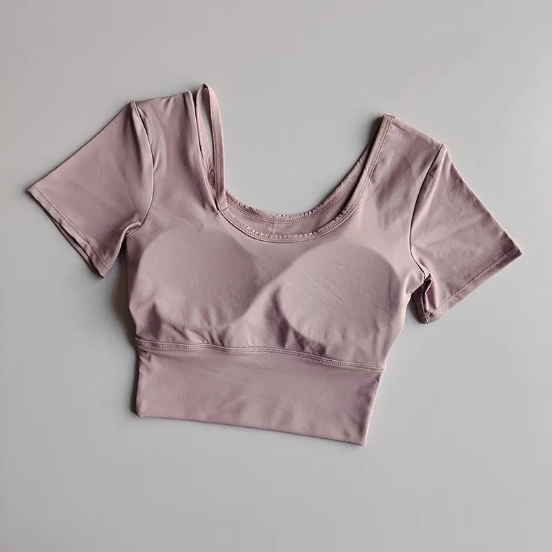 Women's Quick-Dry Yoga Sports Top with Chest Cushion Sexy Short-Sleeved Fitness T-Shirt Tight-Fitting Navel Revealing Yoga Suit