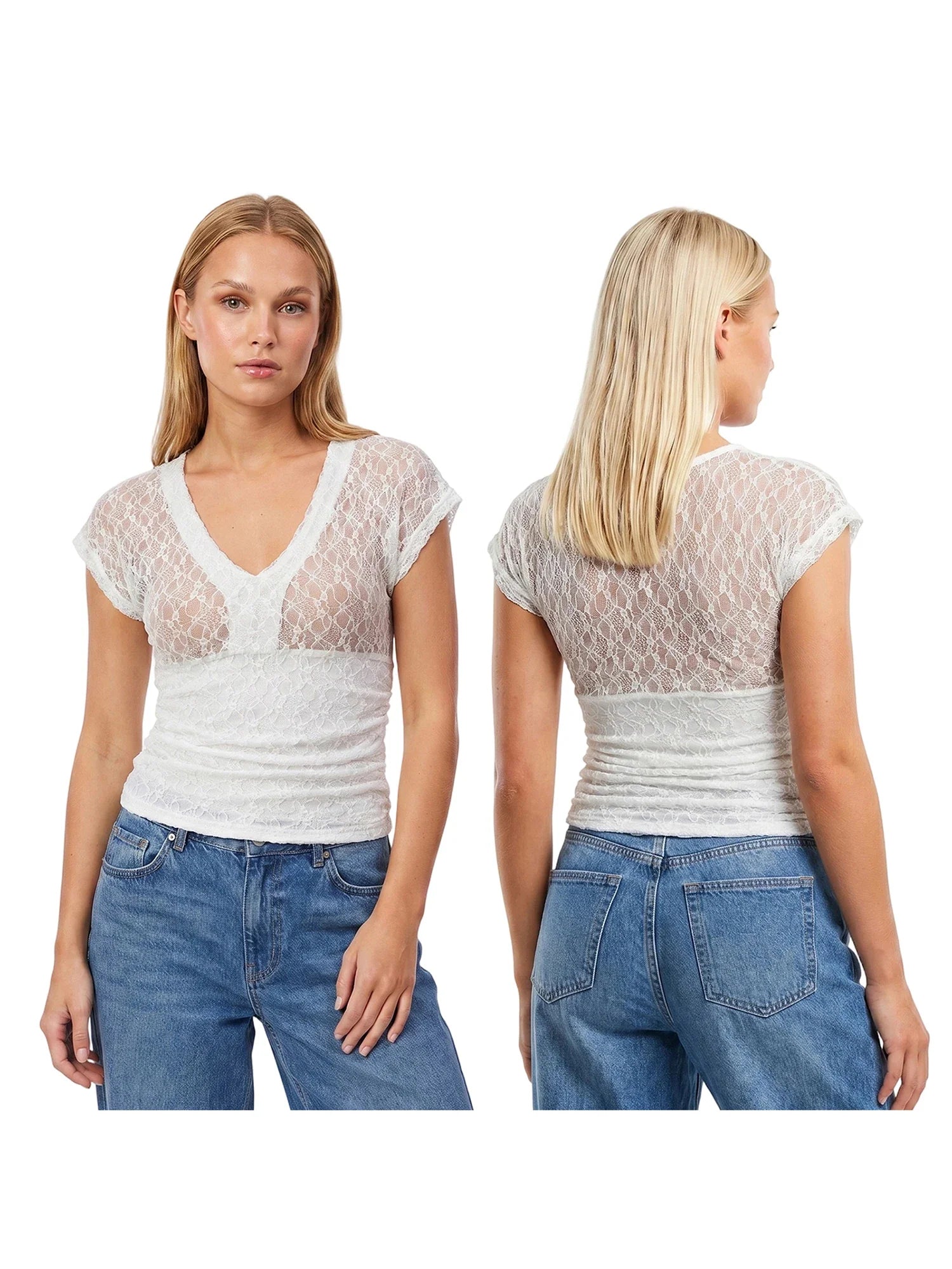 Women Summer Sheer Lace Tops Slim Fit V Neck Cap Sleeve Ruched Slim Crop Shirts Going Out Office Party Sexy T-shirt