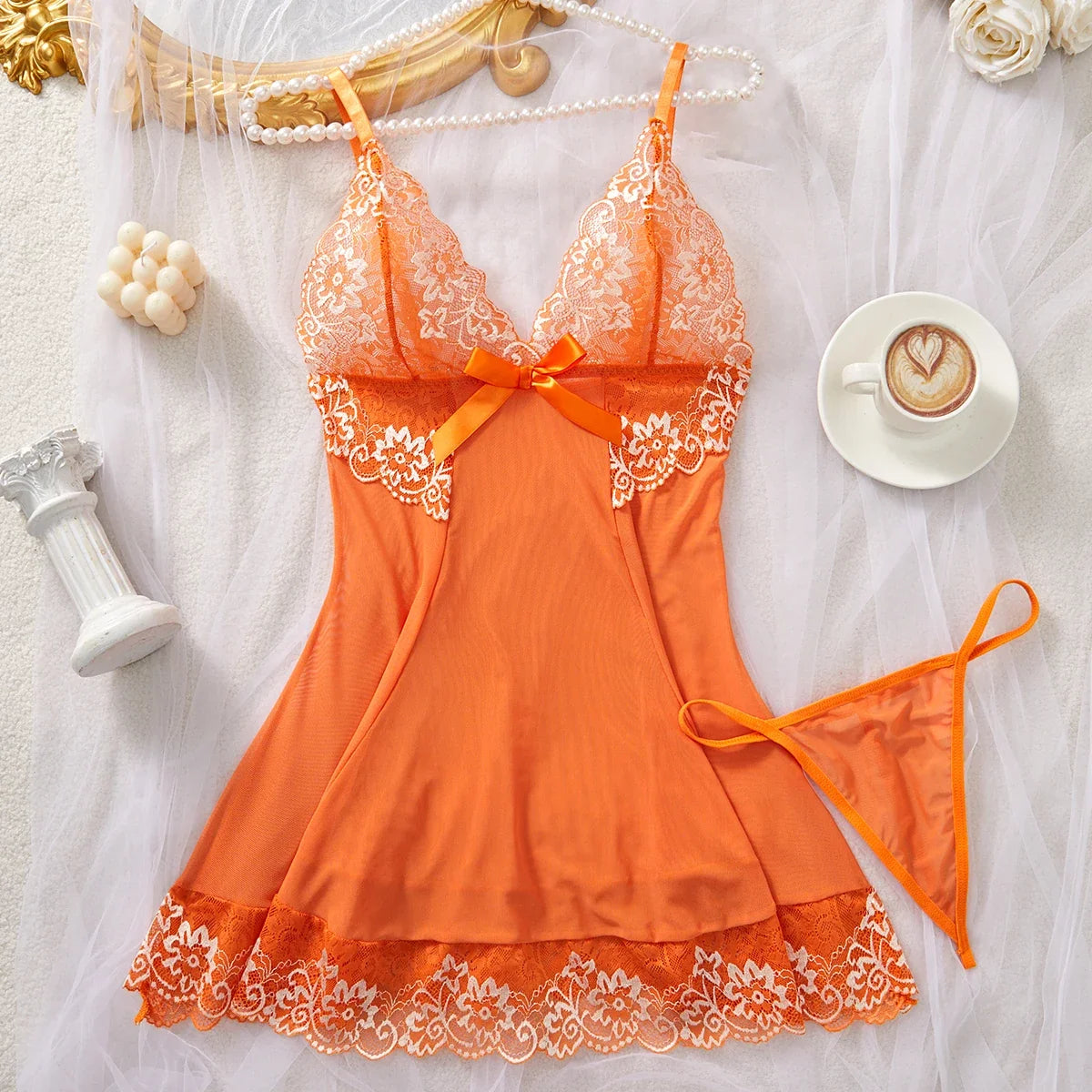 Women's Contrast Floral Nightdress Set Dress Sleepwear With Thongs Nightdress Underwear Babydoll