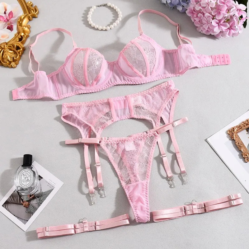 Toucheart Women Lace Sexy Lingerie Panty Patchwork Solid Color Skinny Plunge See-through Romantic Interesting Underwear Cute Set
