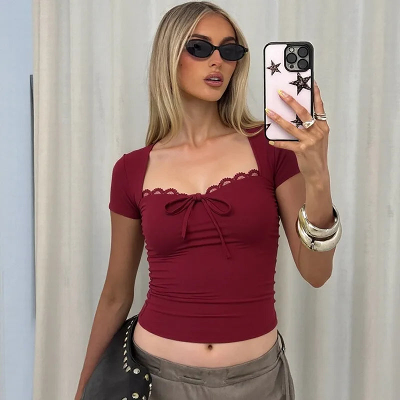 FDYOUI Women's Fashion Lace Patchwork T-shirt Streetwear Ladies Sexy Short Sleeve Bandage Tops Tees Y2K Slim Corset T Shirts