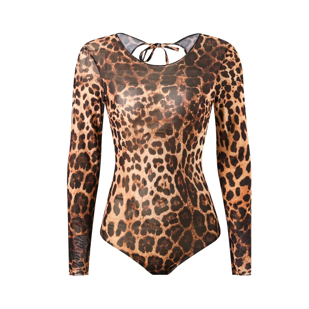 S - XXL New Sexy With Shorts Leopard Long Sleeve One Piece Swimsuit Women Swimwear Female Padded Bather Bathing Suit Swim V7348