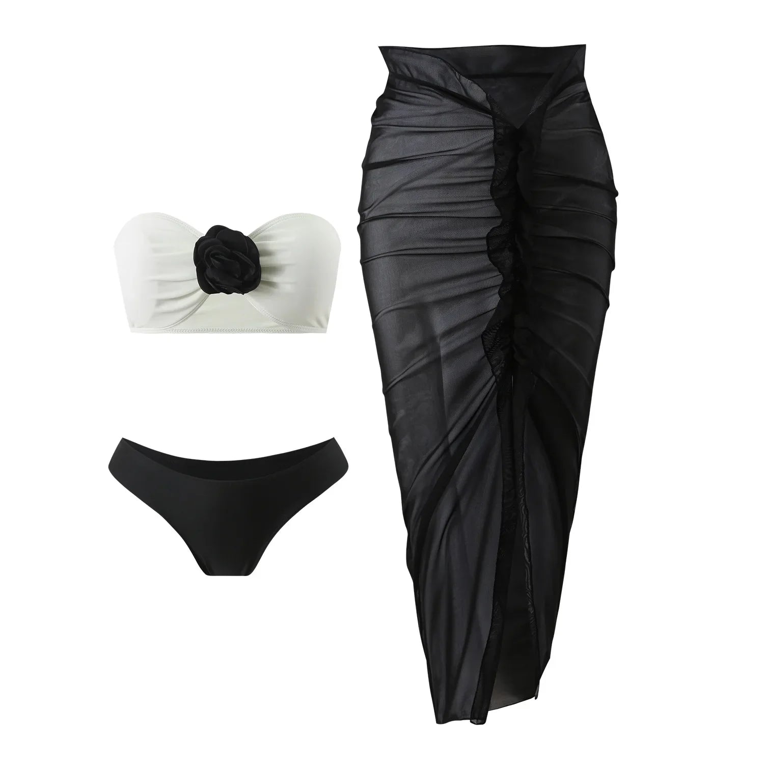 sexy 3d flower bandeau bikinis sets 3pcs with long mesh split skirt black white patchwork swimsuit bathing suit beach outfits