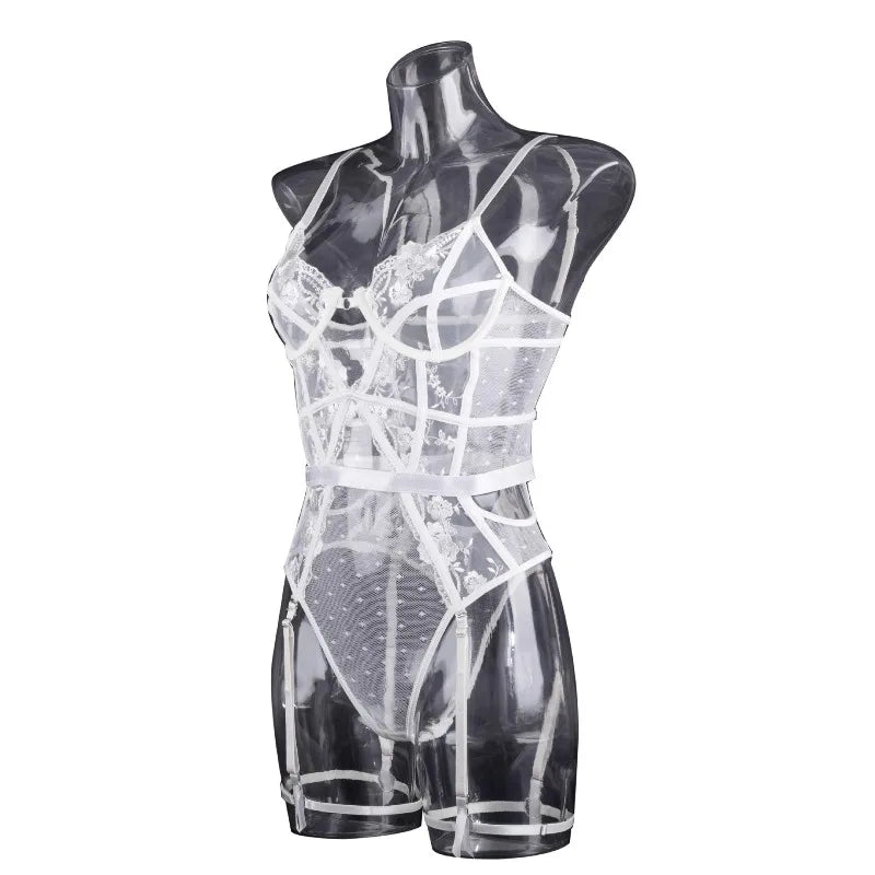 Toucheart Lace Sexy Skinny Babydoll Bodysuit Embroidery Erotic Private Adult Suit Solid Color Patchwork High Waisted Sexy Set