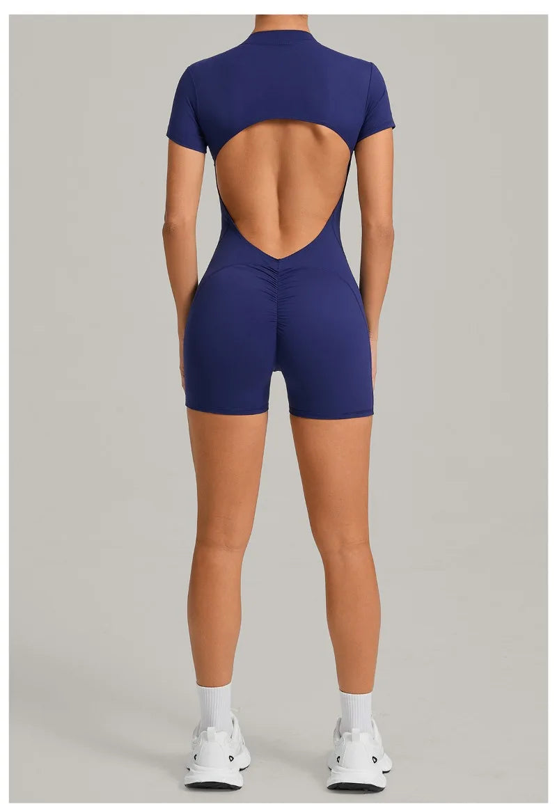 Women's Seamless Yoga Jumpsuits Sports Fitness Beauty Back Slim Fit Short-Sleeves One-Piece Workout Gym Training Bodysuits