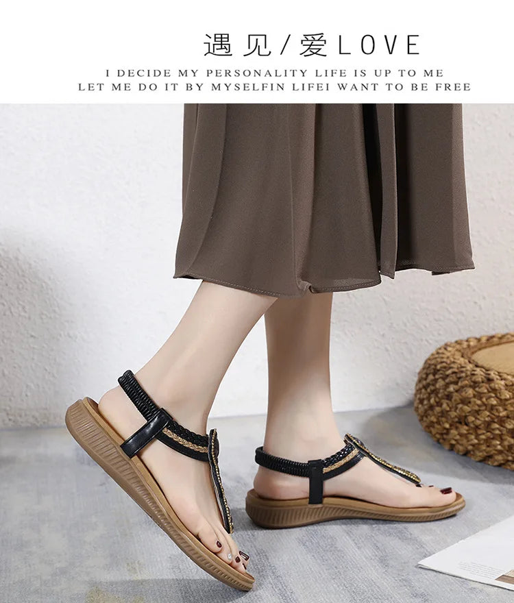 2026 New Shoes for Women Bohemia Crystal Sandals Women Shoes Rhinestone Lady Flip Flops Pearl Slip on Flat Beach Shoes