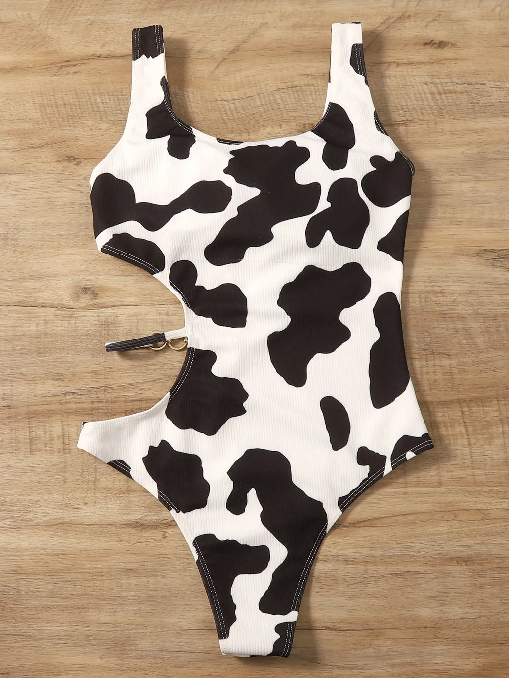 2026 Cow Print Rib Cut-out One Piece Swimsuit Ring Link Swimwear Women Bathing Suit Female Swimming Summer Beachwear Bodysuit