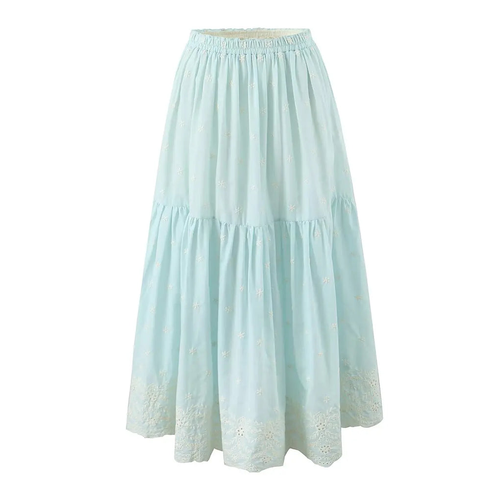 Sleeveless Top Skirt Two Pieces Matching Set for Women Light Blue Vintage Skirt Set French Style Embroidery Cotton Dress Set