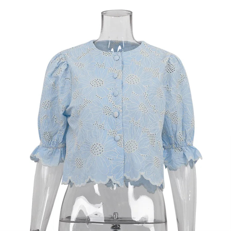 FFDYOUI Woman Clothing Embroidered Shirts Blue High Green Ladies O-neck Single Breasted Half Sleeve Cropped Tops Fashion Shirt