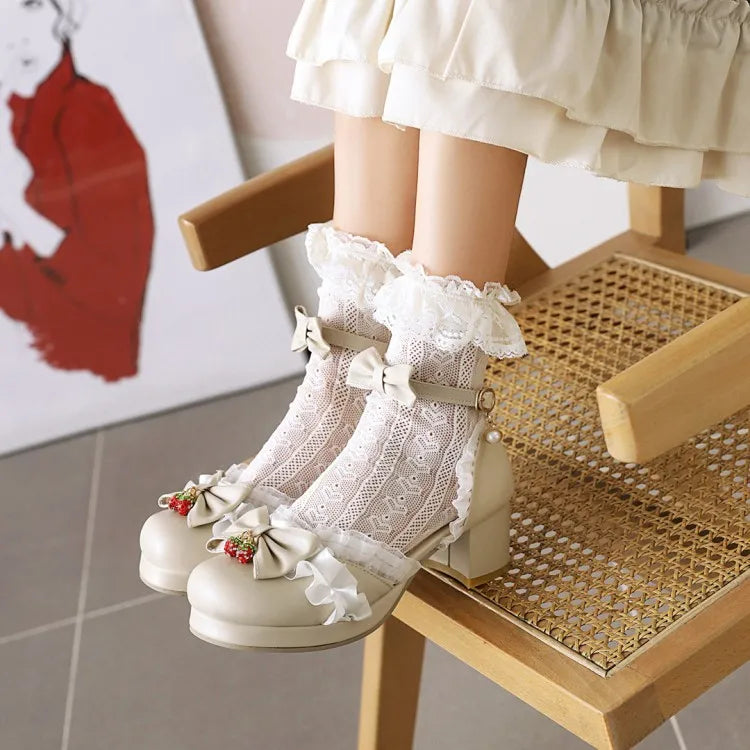 Women's White Pink Bowknot Single Sandals Ruffles High Heels Girls Student Mary Janes Lolita Party Dress Shoes Size 32-48 French
