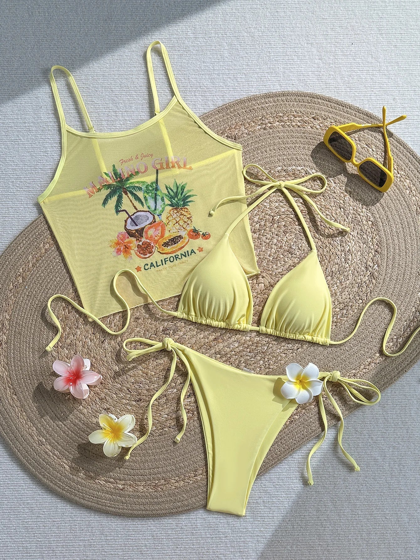 Vintage 3D Flower Thong Bikini Set 2026 Women Summer Fruit Print Cover Up 3 Piece Swimwear Push Up Bra Bathing Suit Swimsuit