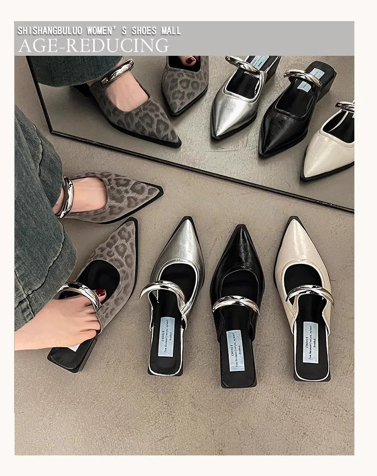 2026 New Summer Women Cover Toe Mules Slippers Fashion Metal Decoration Thick Heel Slide Shoes Comfort Street Style Footwear