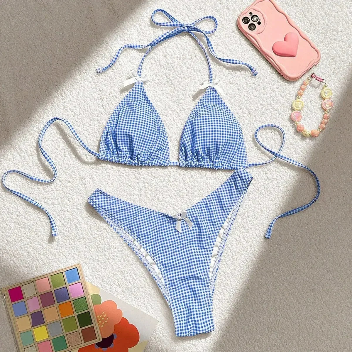 Blue Plaid Print Two Piece Swimsuit for Women Sexy Bow Suspender Backless Bikini Set High Waist Thong Beach Bathing Suit 2025