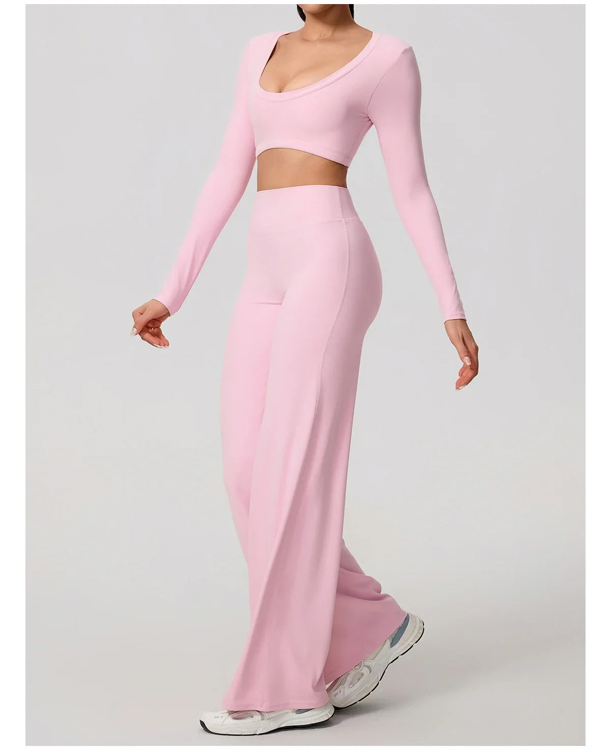 Hearuisavy Sports Set 2Pcs Women's  Long Sleeve Backless Fitted Fitness Top Push Up Pilates Yoga Top Wide Leg Straight Leg Pants