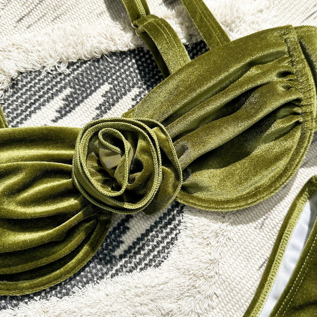 Sexy Velvet Bikini Sets Women Green 3D Flower Push Up Underwire Micro Swimsuit 2025 Summer Bathing Suit Thong Swimwear Biquini