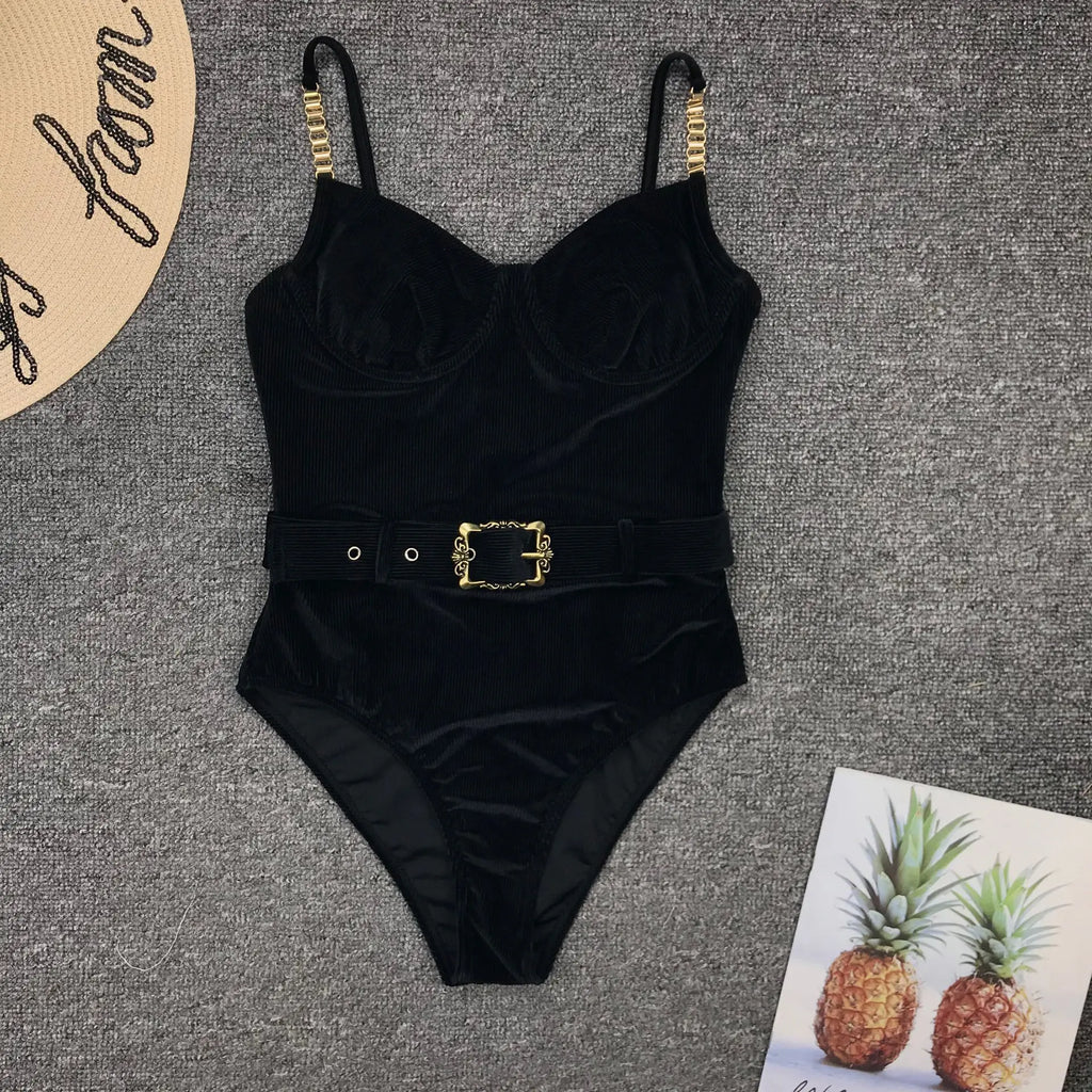 2023 Vintage Swimsuit Women One Piece Ruffle Strap Swimwear Female Push Up Monokini Padded Beach Bathing Suits Black Bodysuits