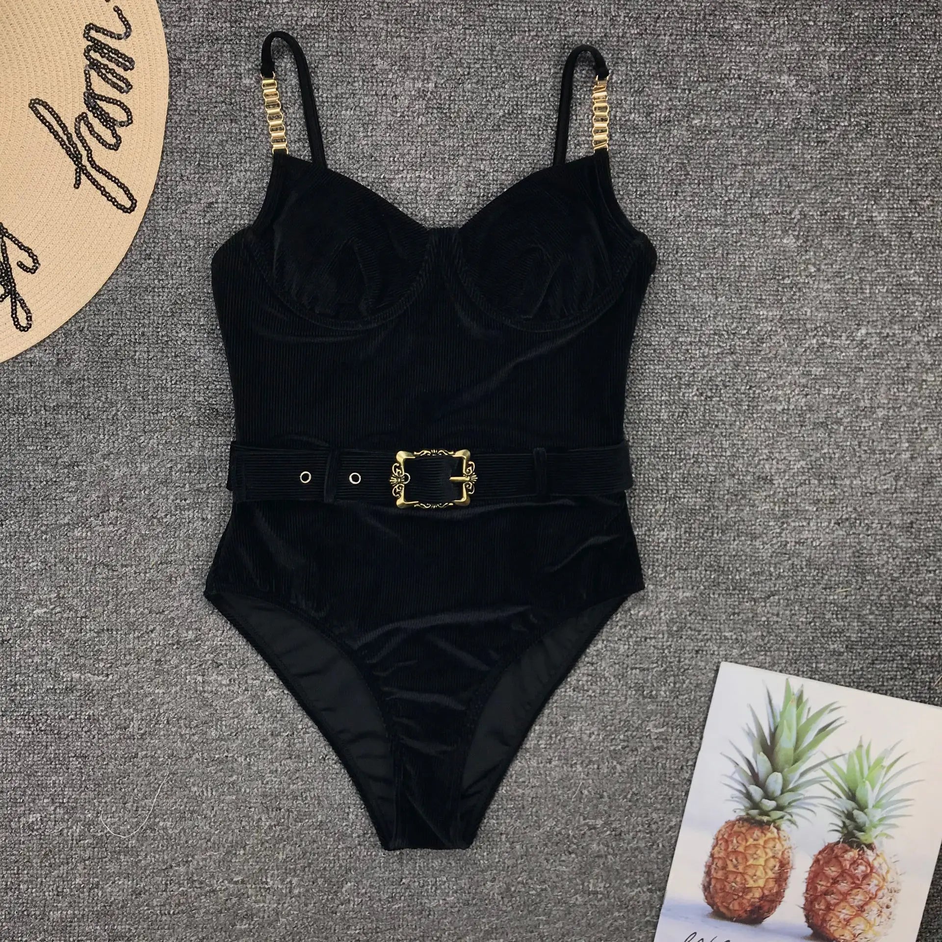 2023 Vintage Swimsuit Women One Piece Ruffle Strap Swimwear Female Push Up Monokini Padded Beach Bathing Suits Black Bodysuits