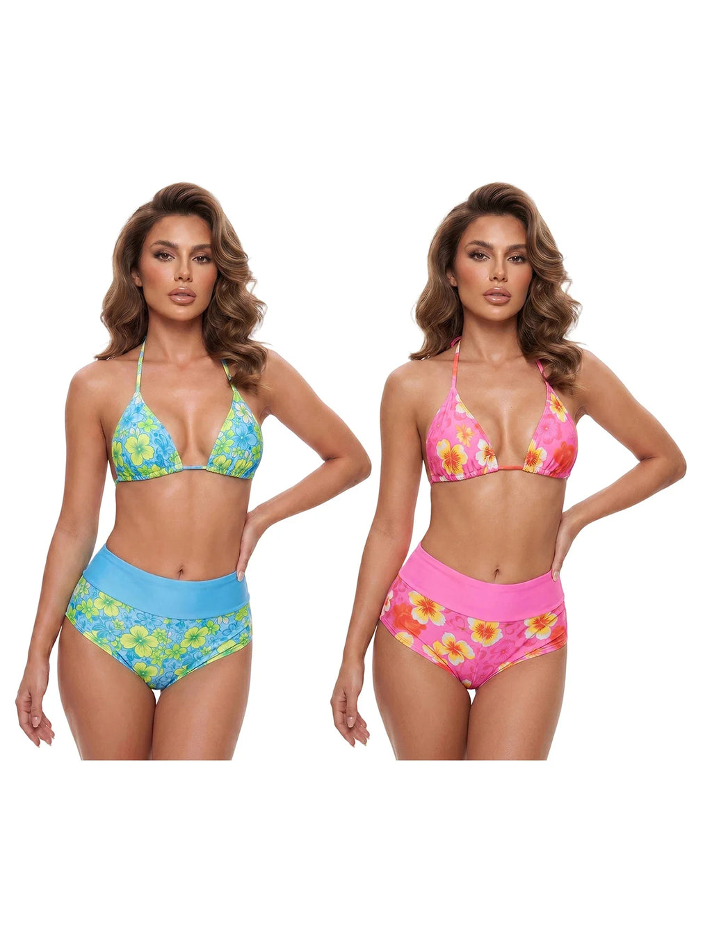 Women’s Two Piece Bikini Set Rose Hibiscus Floral Print Halter Tops with Fold Over Waist Shorts Summer Beach Wear