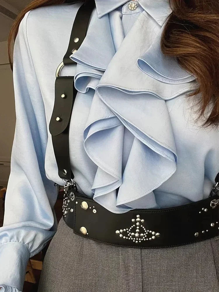 Foridol Ruffles Folds Light Blue Office Lady Satin Shirt Blouse Long Sleeve Spring Fashion Solid Button Up Blusa Autumn 2025