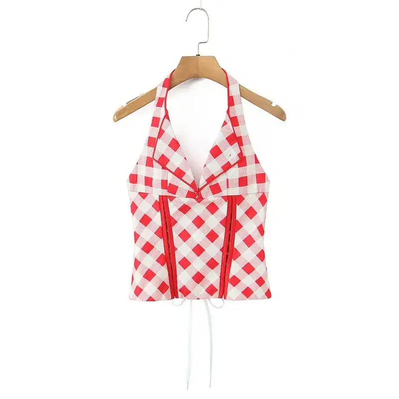 Spring And Summer New Style Sweet Red Plaid Unique Back Drawstring Top Halter Neck V-neck Sexy Slim-fit Tank Top Casual UH75