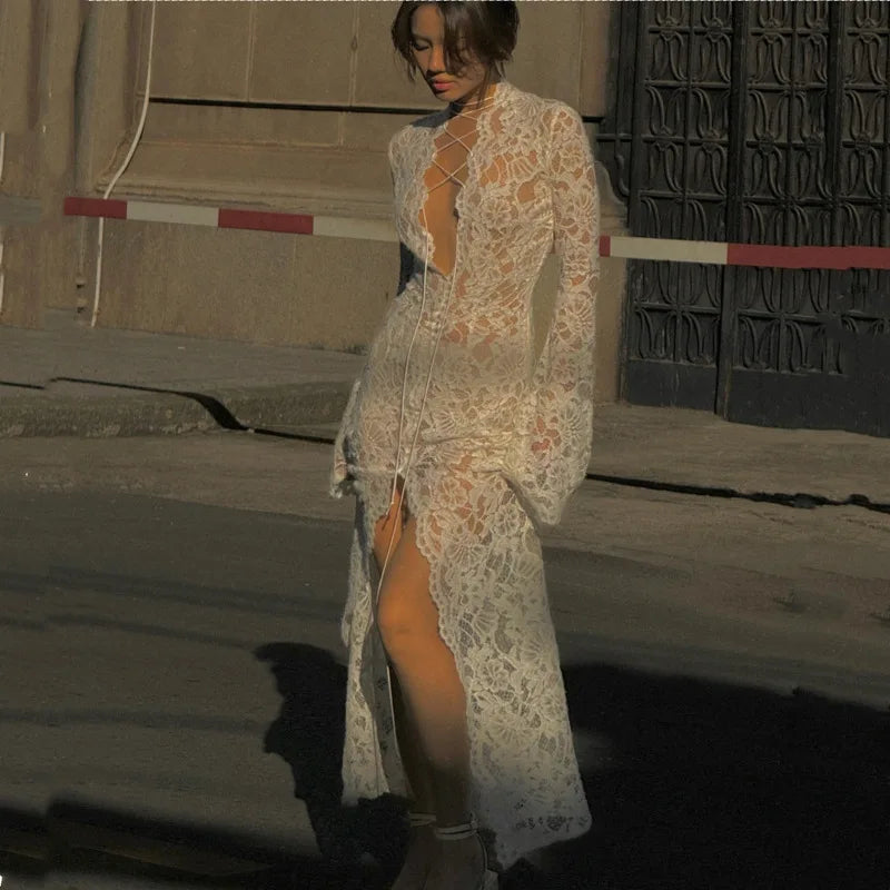 Woman Dress Clothing V-neck White Lace Dress 2025 Vestidos Para Mujer Fall Lace-up High Slit Slim Long  Evening Party Dresses